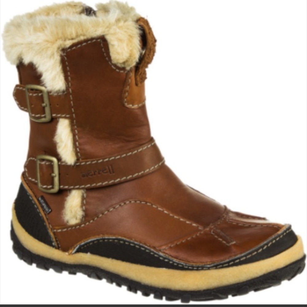 NWT MERRELL TAIGA BUCKLE WATERPROOF BOOTS CAMEL 7 zip faux fur cozy traction